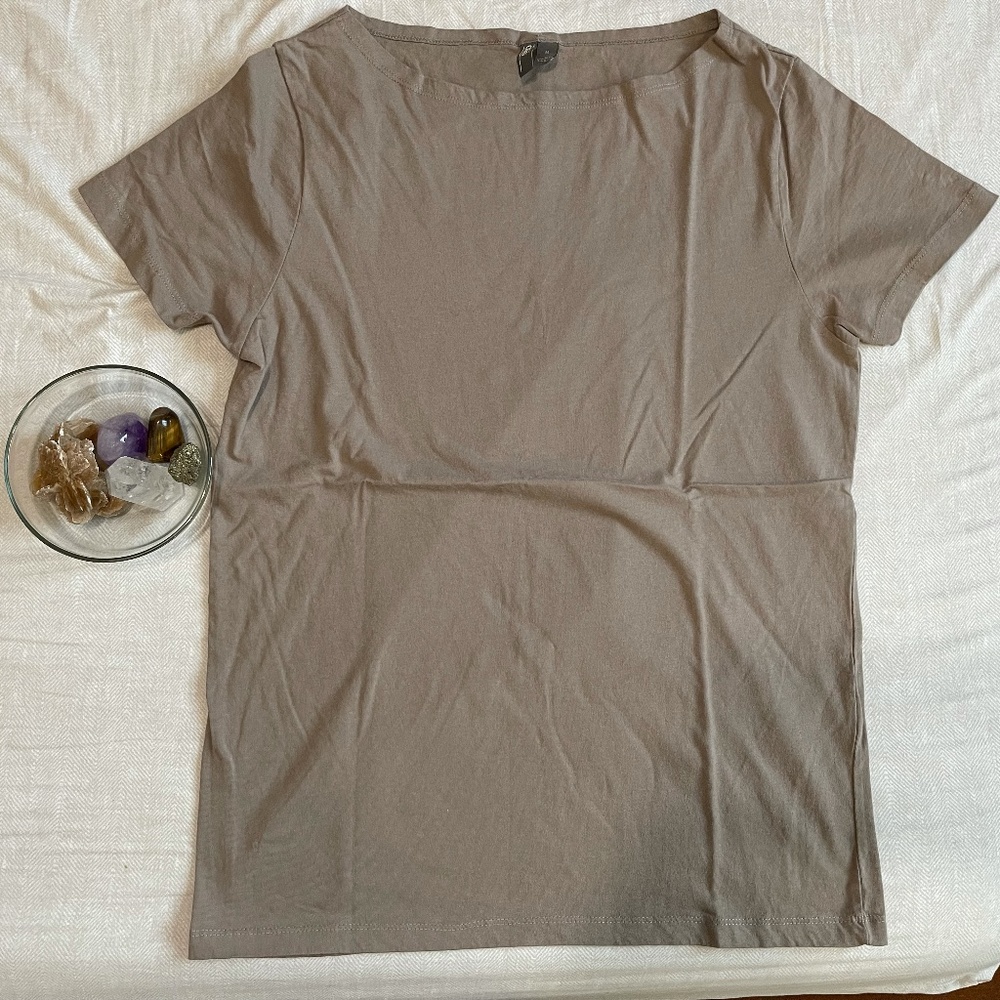beige wide neck shirt